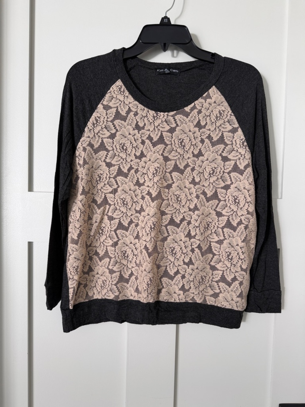 Kim & Cami Black Raglan Sweatshirt with Blush Lace Front